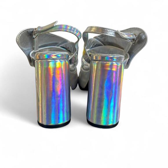 CHUNKY SILVER IRRIDESCENT BUTTERFLY SANDALS FESTIVAL HEELS SIZE 5. - Picture 5 of 8